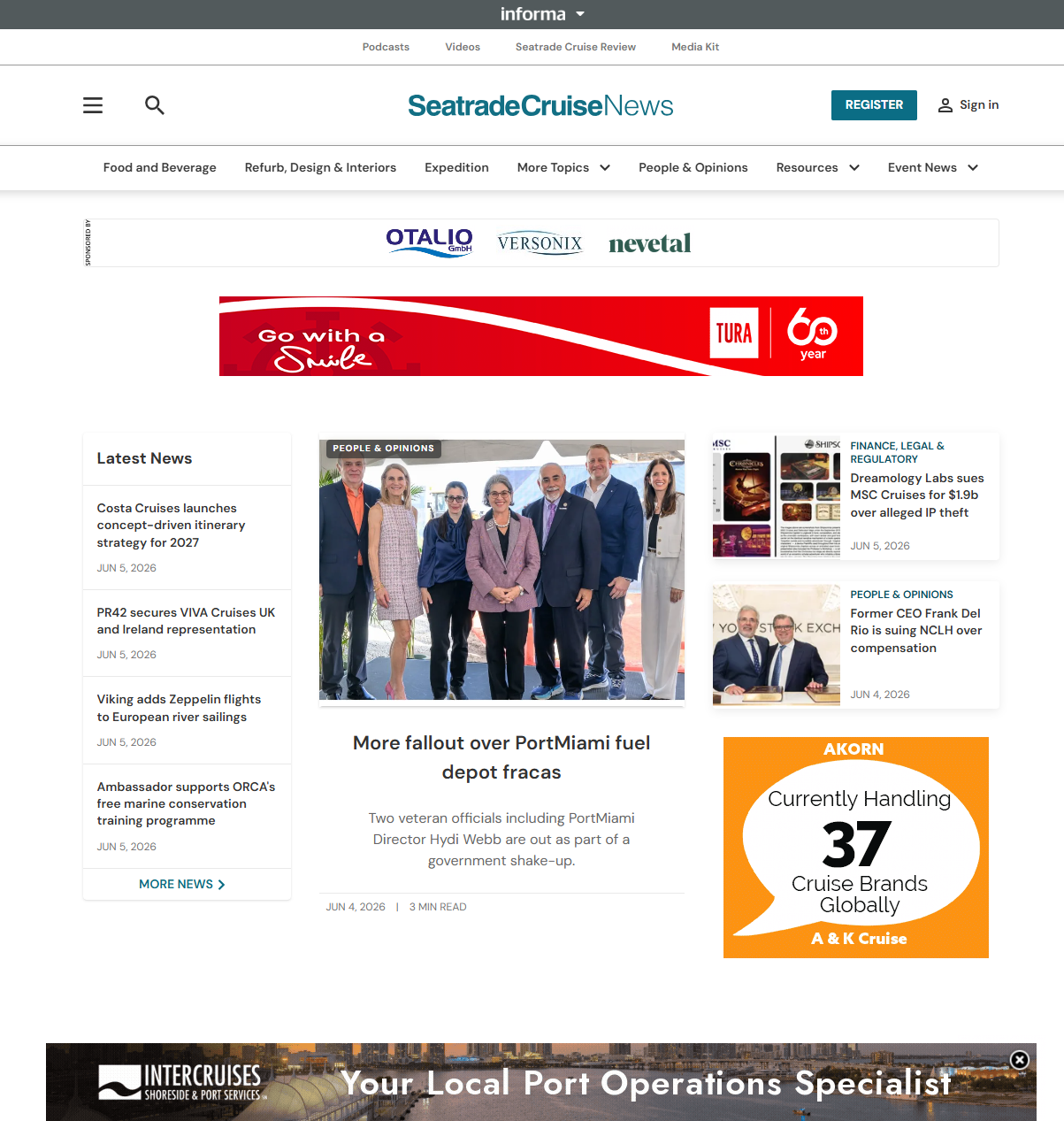 Seatrade Cruise News homepage with sponsor banner placements
