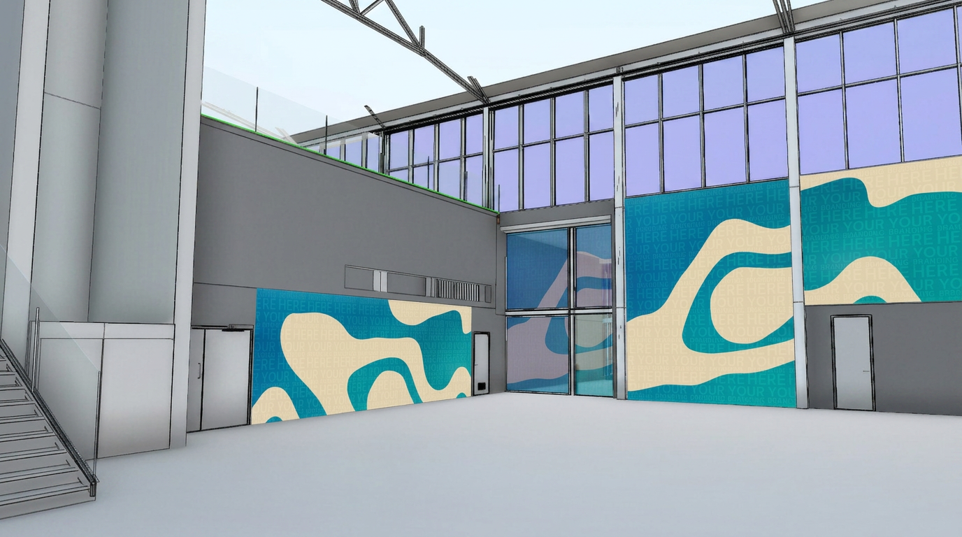 Rendering of the main event entrance flanked by two large branded panels