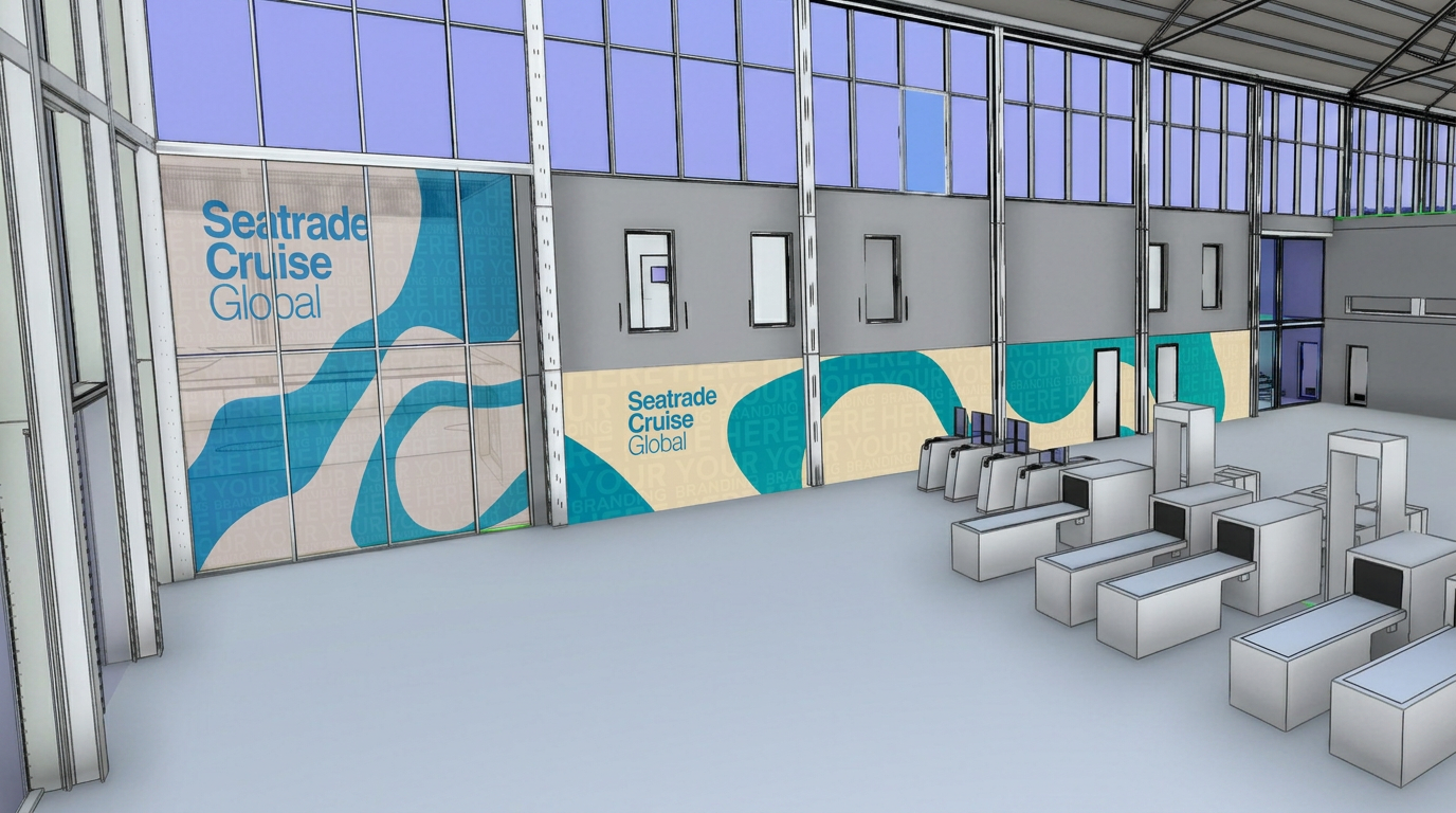 Rendering of the registration area with a large branded welcome wall