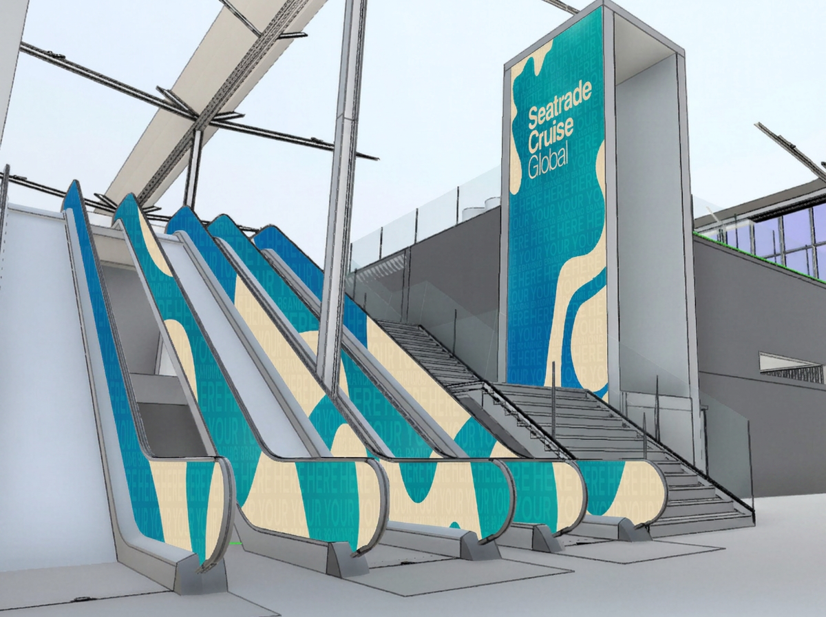 Rendering of the vertical arrival tower branding beside the main escalators